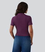 V Neck Short Sleeve Work Blouse — Italian Plum — view 2
