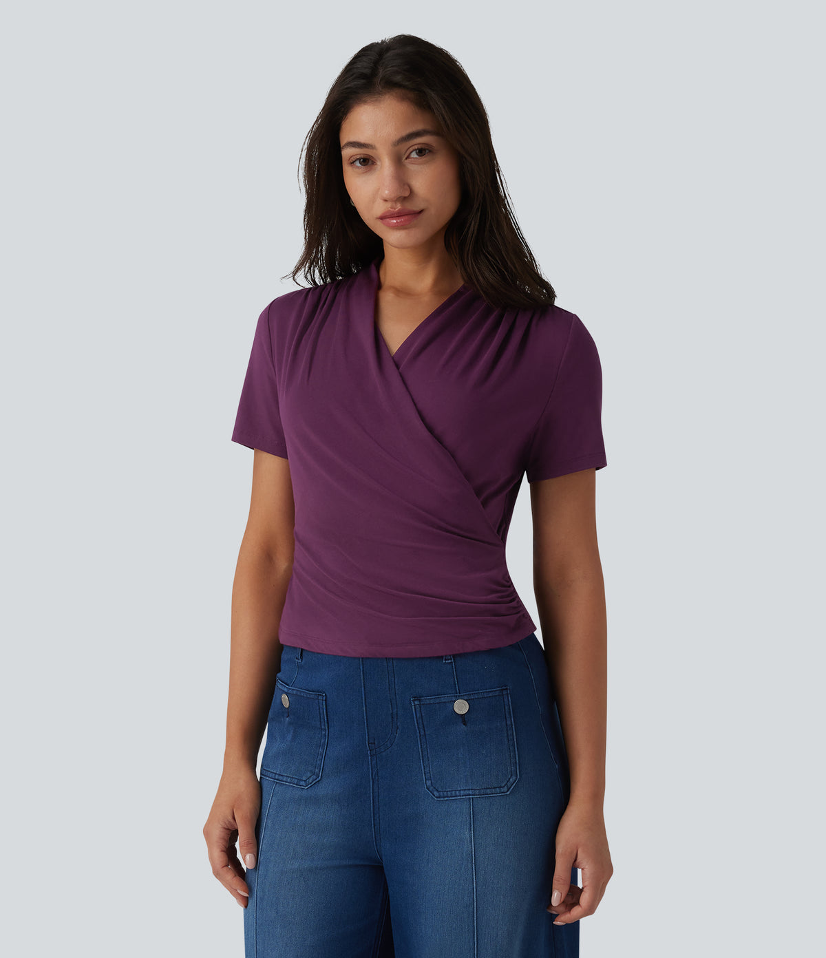 V Neck Short Sleeve Work Blouse — Italian Plum — view 3