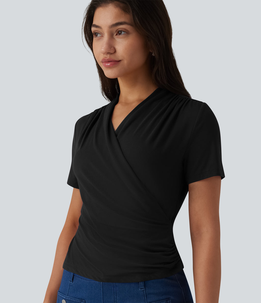 V Neck Short Sleeve Work Blouse — Black — view 6