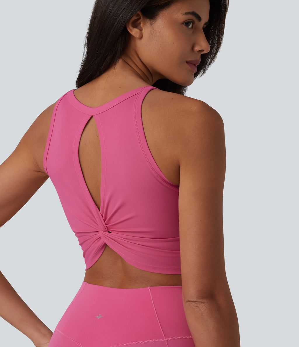 U Neck Built-in Bra Cut Out Cropped Yoga Tank Top — Carmine — view 1