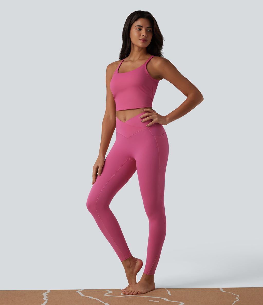U Neck Built-in Bra Cut Out Cropped Yoga Tank Top — Carmine — view 7
