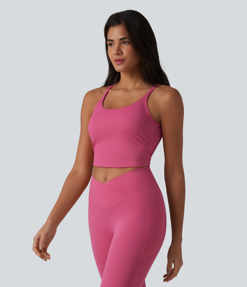 U Neck Built-in Bra Cut Out Cropped Yoga Tank Top — Carmine — view 3