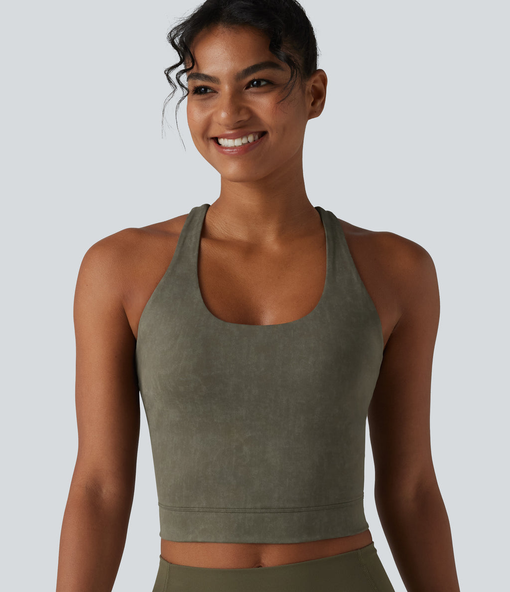 U Neck Built-in Bra Racerback Cropped Yoga Tank Top — Olive Night — view 6