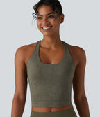 U Neck Built-in Bra Racerback Cropped Yoga Tank Top — Olive Night — view 6