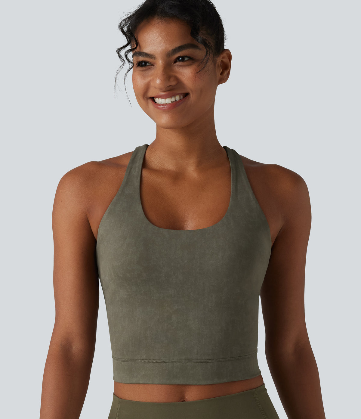 U Neck Built-in Bra Racerback Cropped Yoga Tank Top — Olive Night — view 6