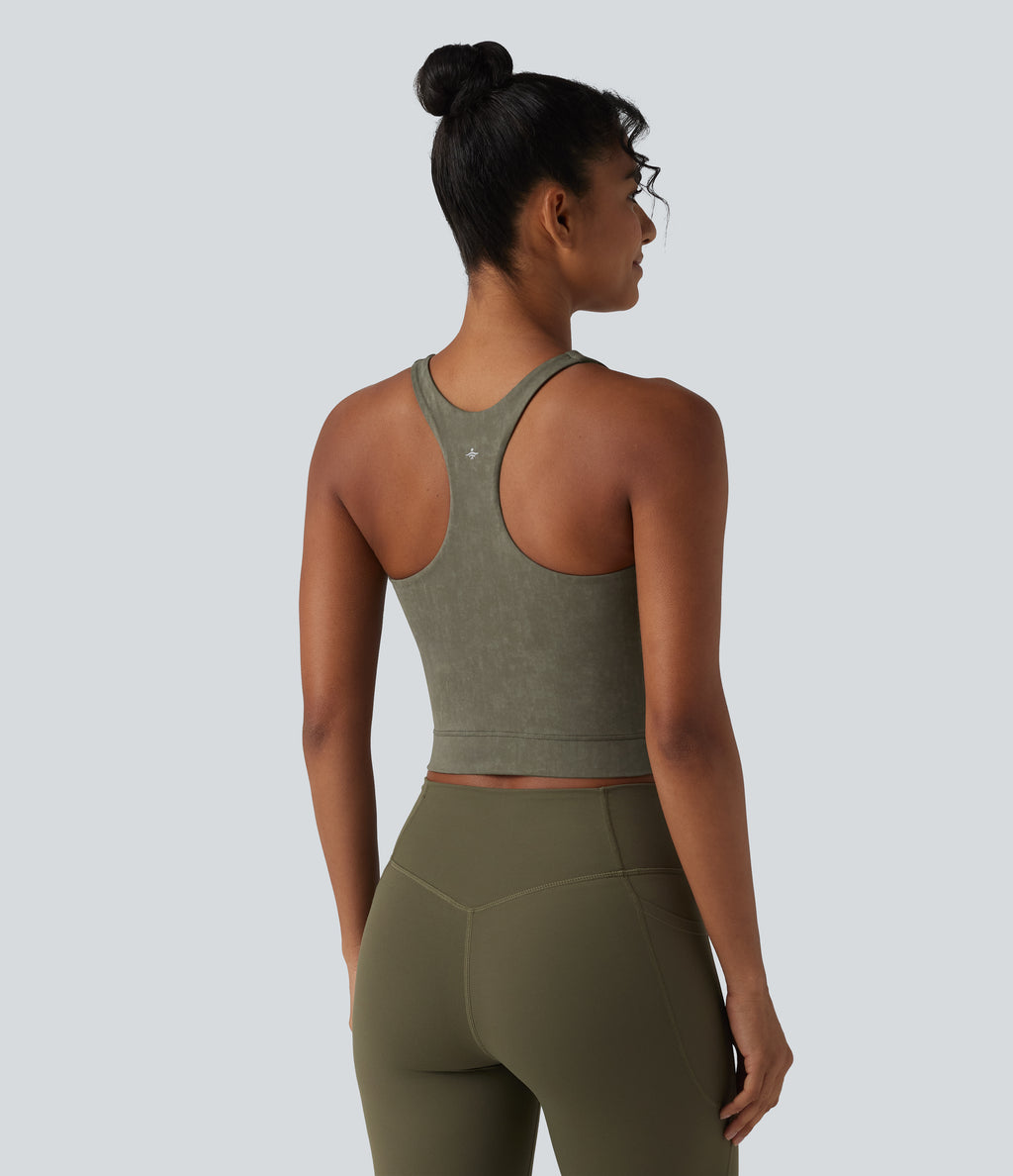 U Neck Built-in Bra Racerback Cropped Yoga Tank Top — Olive Night — view 2