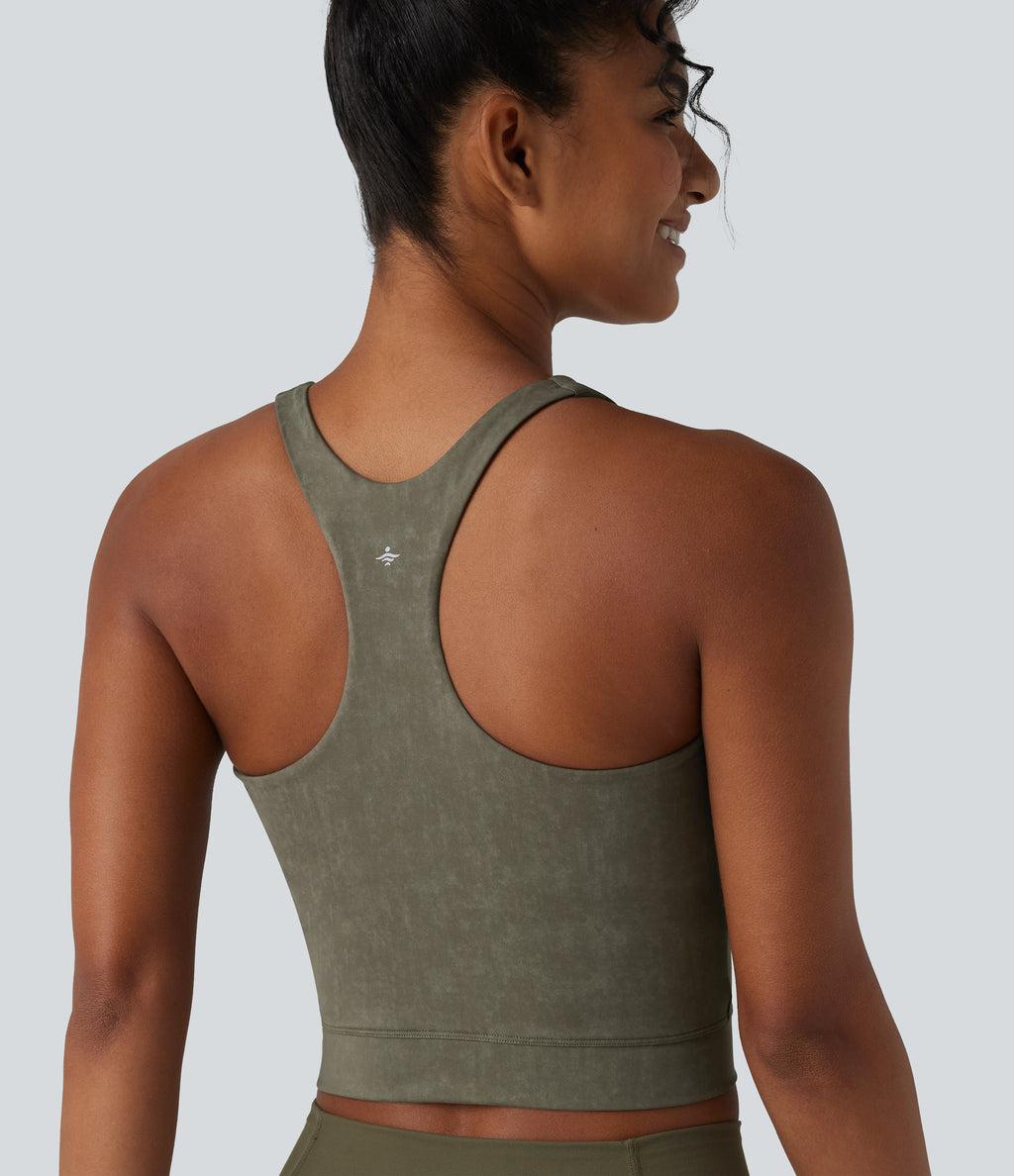 U Neck Built-in Bra Racerback Cropped Yoga Tank Top — Olive Night — view 5