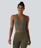 U Neck Built-in Bra Racerback Cropped Yoga Tank Top — Olive Night — view 3
