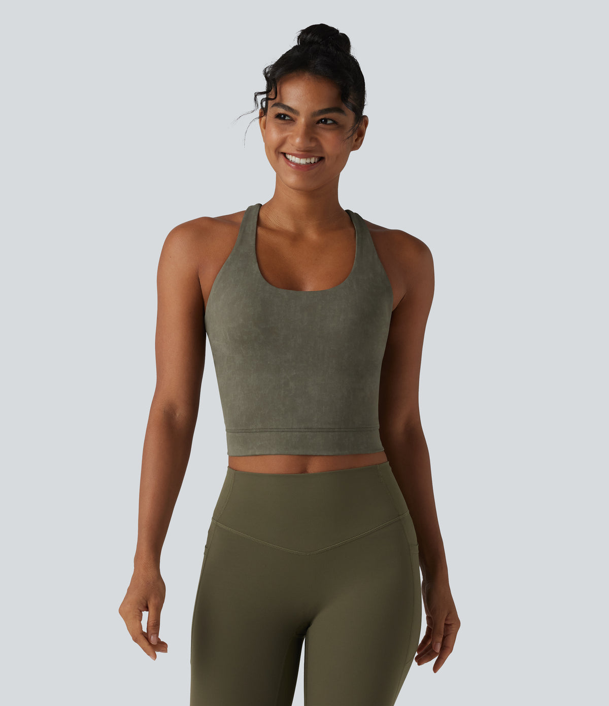 U Neck Built-in Bra Racerback Cropped Yoga Tank Top — Olive Night — view 3