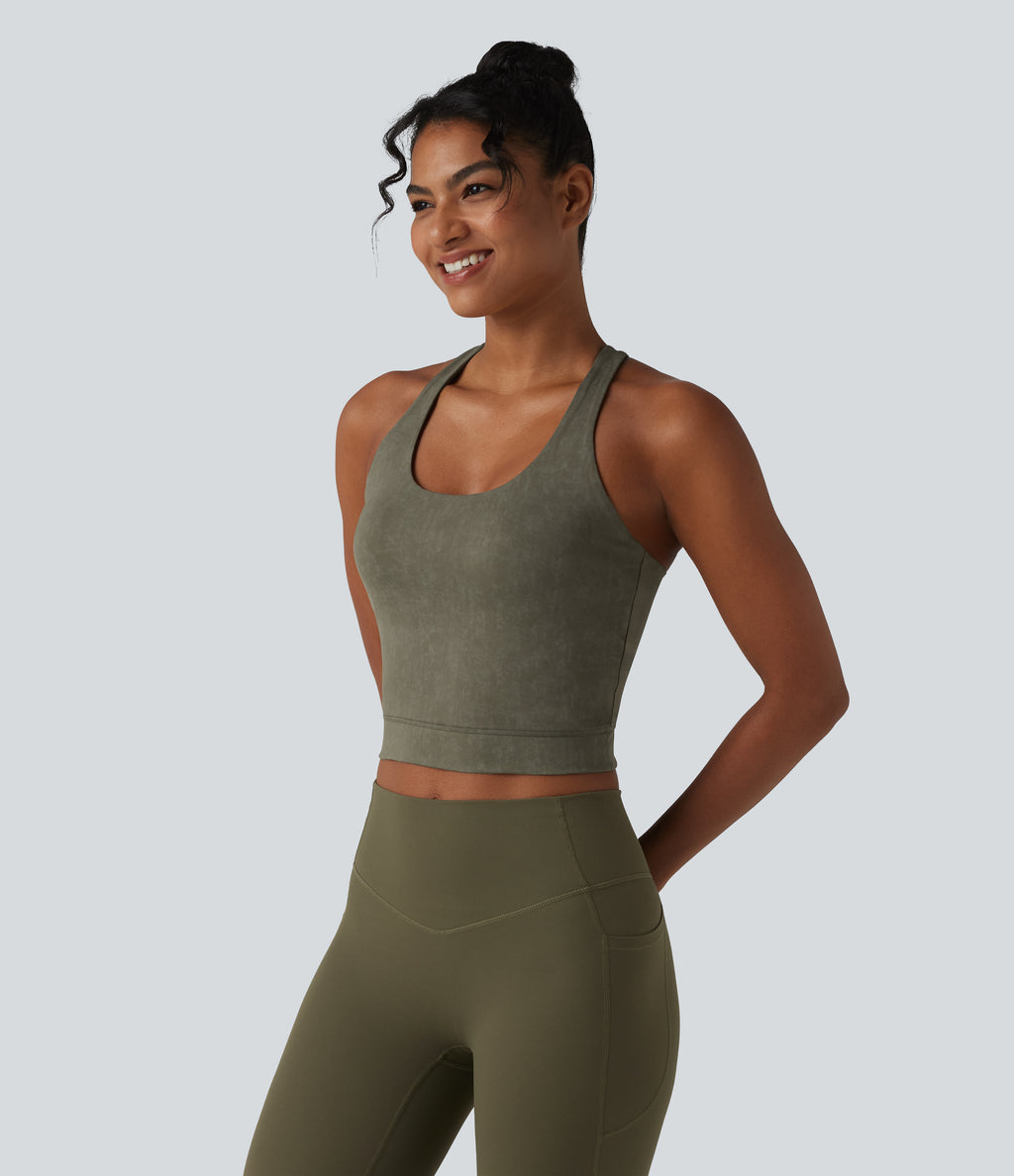 U Neck Built-in Bra Racerback Cropped Yoga Tank Top — Olive Night — view 4