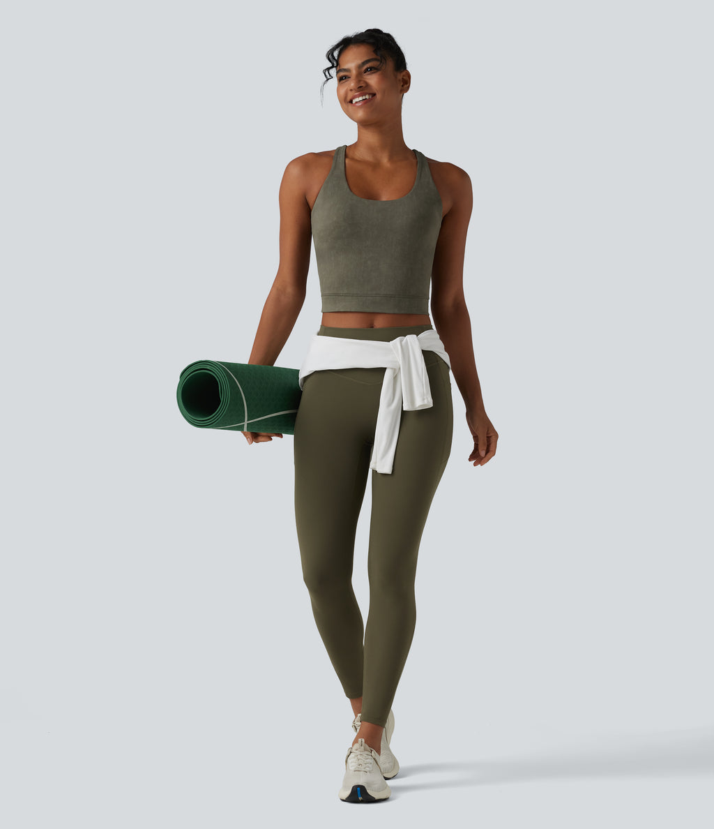 U Neck Built-in Bra Racerback Cropped Yoga Tank Top — Olive Night — view 7