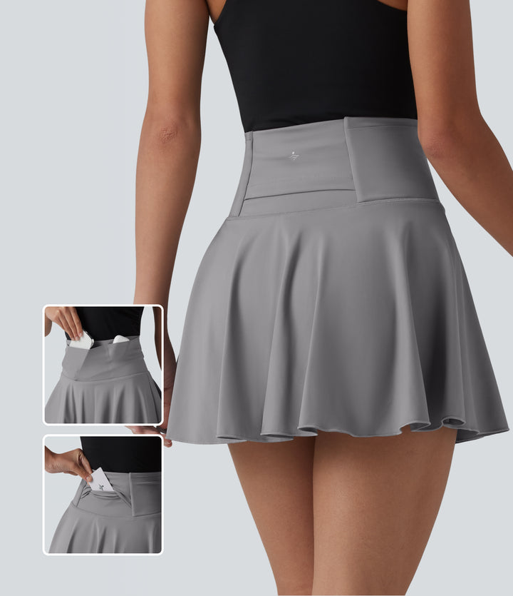 Airy High Waisted 2-in-1 InstantCool Flare Mini Tennis Skirt with Pockets — Gull — view 1