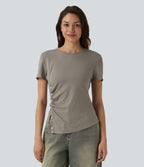 Round Neck Short Sleeve Snap Button Casual T-Shirt — That's Shady - Taupe — view 4