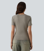 Round Neck Short Sleeve Snap Button Casual T-Shirt — That's Shady - Taupe — view 2