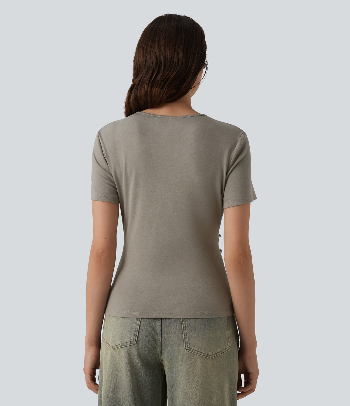 Round Neck Short Sleeve Snap Button Casual T-Shirt — That's Shady - Taupe — view 2