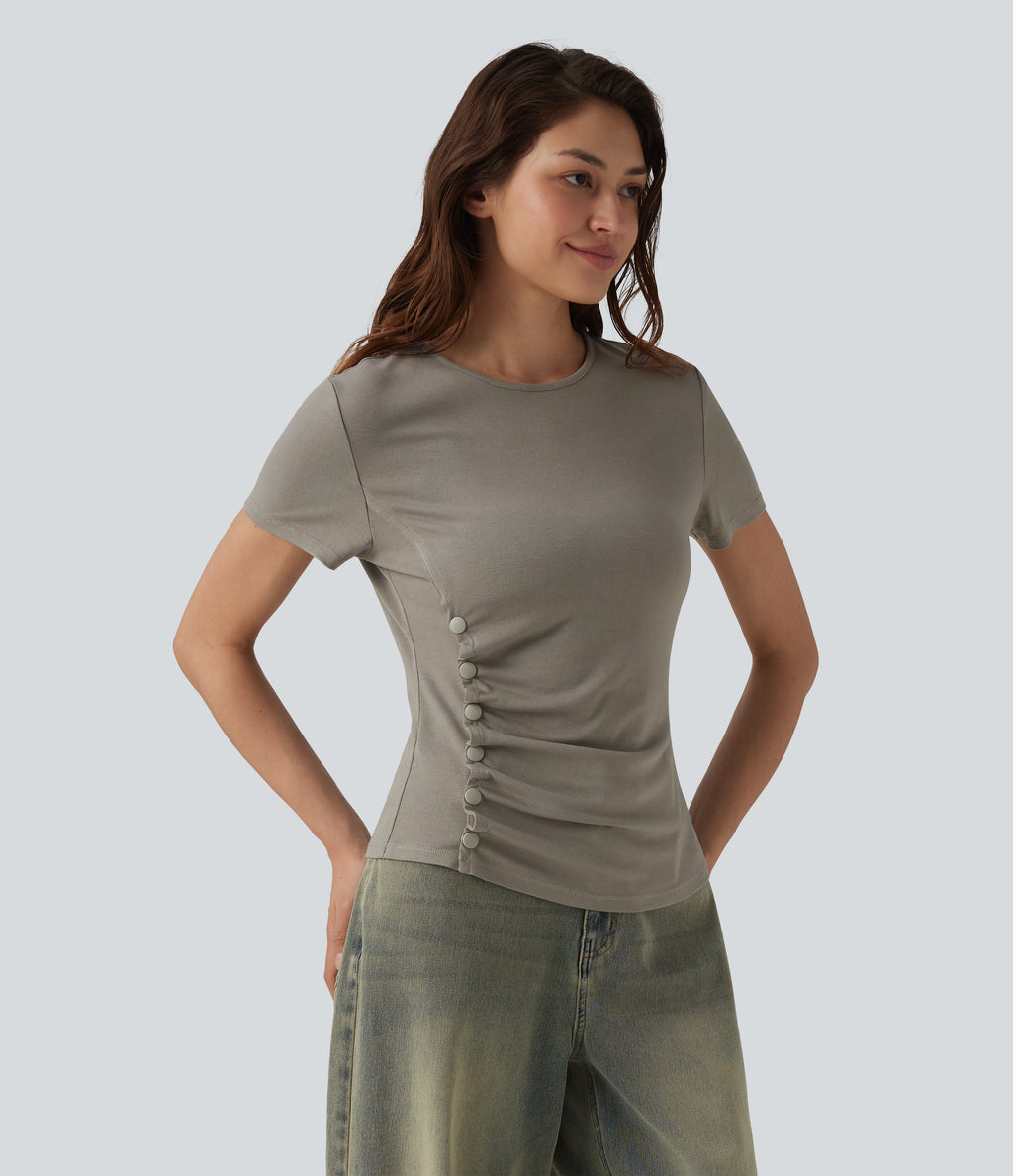 Round Neck Short Sleeve Snap Button Casual T-Shirt — That's Shady - Taupe — view 3