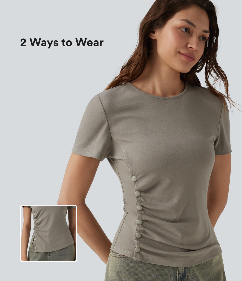 Round Neck Short Sleeve Snap Button Casual T-Shirt — That's Shady - Taupe — view 1