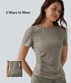 Round Neck Short Sleeve Snap Button Casual T-Shirt — That's Shady - Taupe — view 1