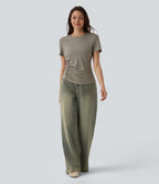 Round Neck Short Sleeve Snap Button Casual T-Shirt — That's Shady - Taupe — view 5