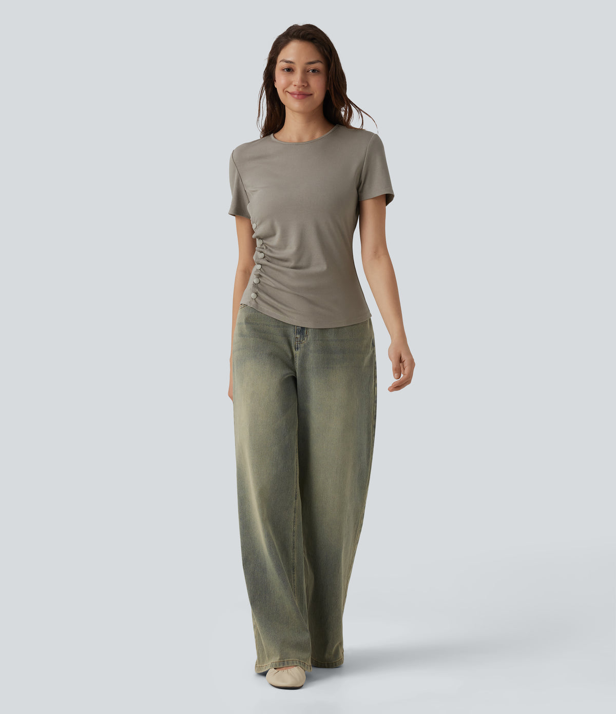 Round Neck Short Sleeve Snap Button Casual T-Shirt — That's Shady - Taupe — view 5