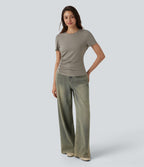 Round Neck Short Sleeve Snap Button Casual T-Shirt — That's Shady - Taupe — view 6