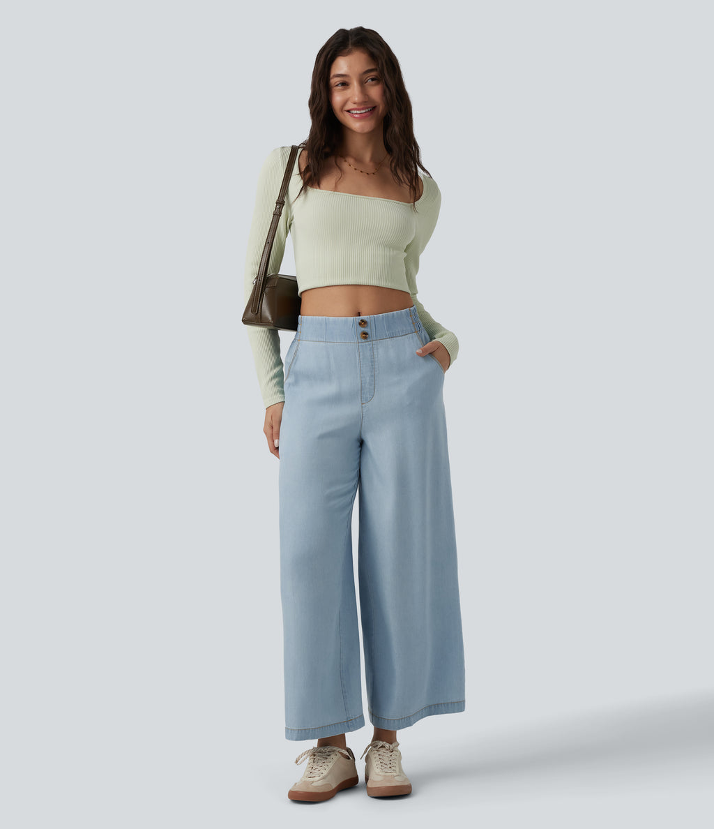 Mid Rise Draped Lyocell Casual Baggy Jeans with Pockets — Malibu Blue Denim — view 6