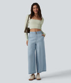 Mid Rise Draped Lyocell Casual Baggy Jeans with Pockets — Malibu Blue Denim — view 6