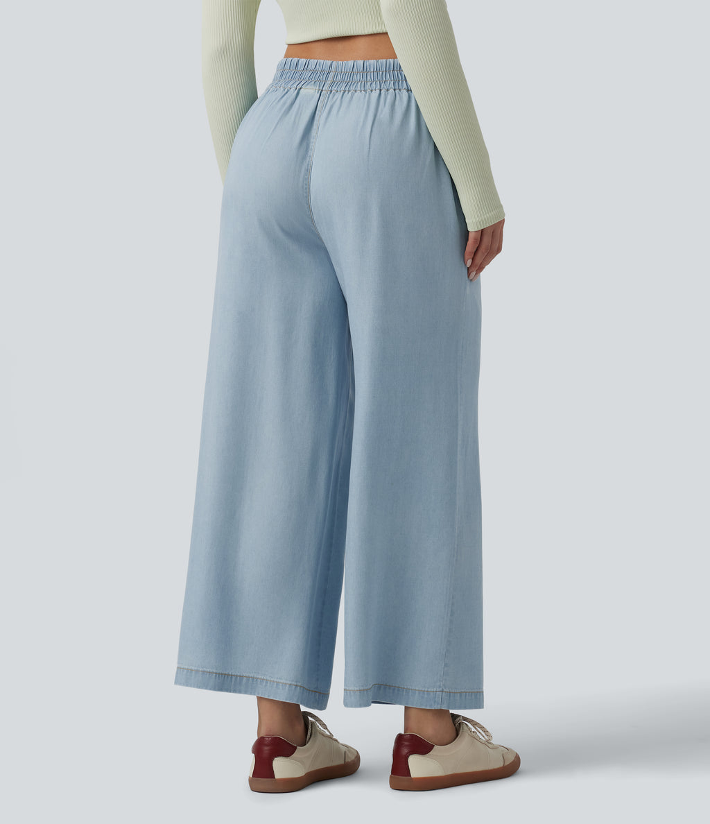 Mid Rise Draped Lyocell Casual Baggy Jeans with Pockets — Malibu Blue Denim — view 2