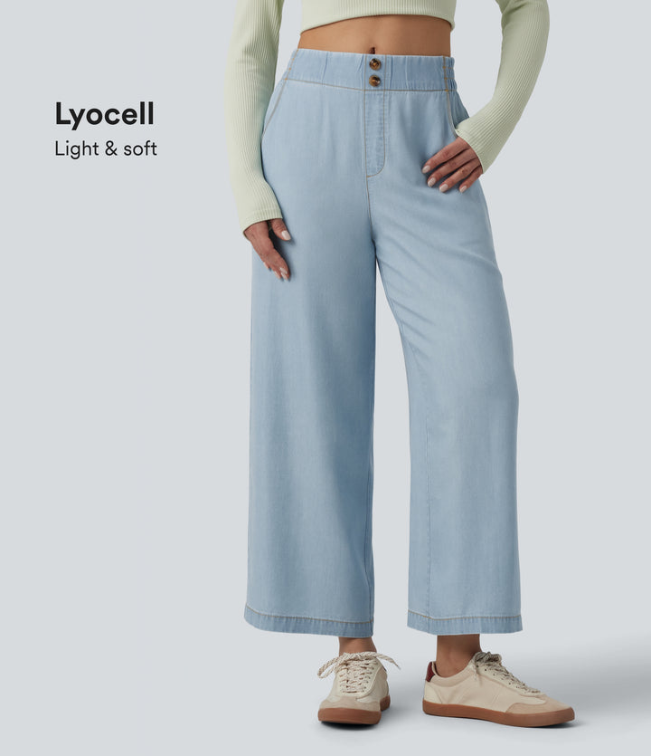 Mid Rise Draped Lyocell Casual Baggy Jeans with Pockets — Malibu Blue Denim — view 1