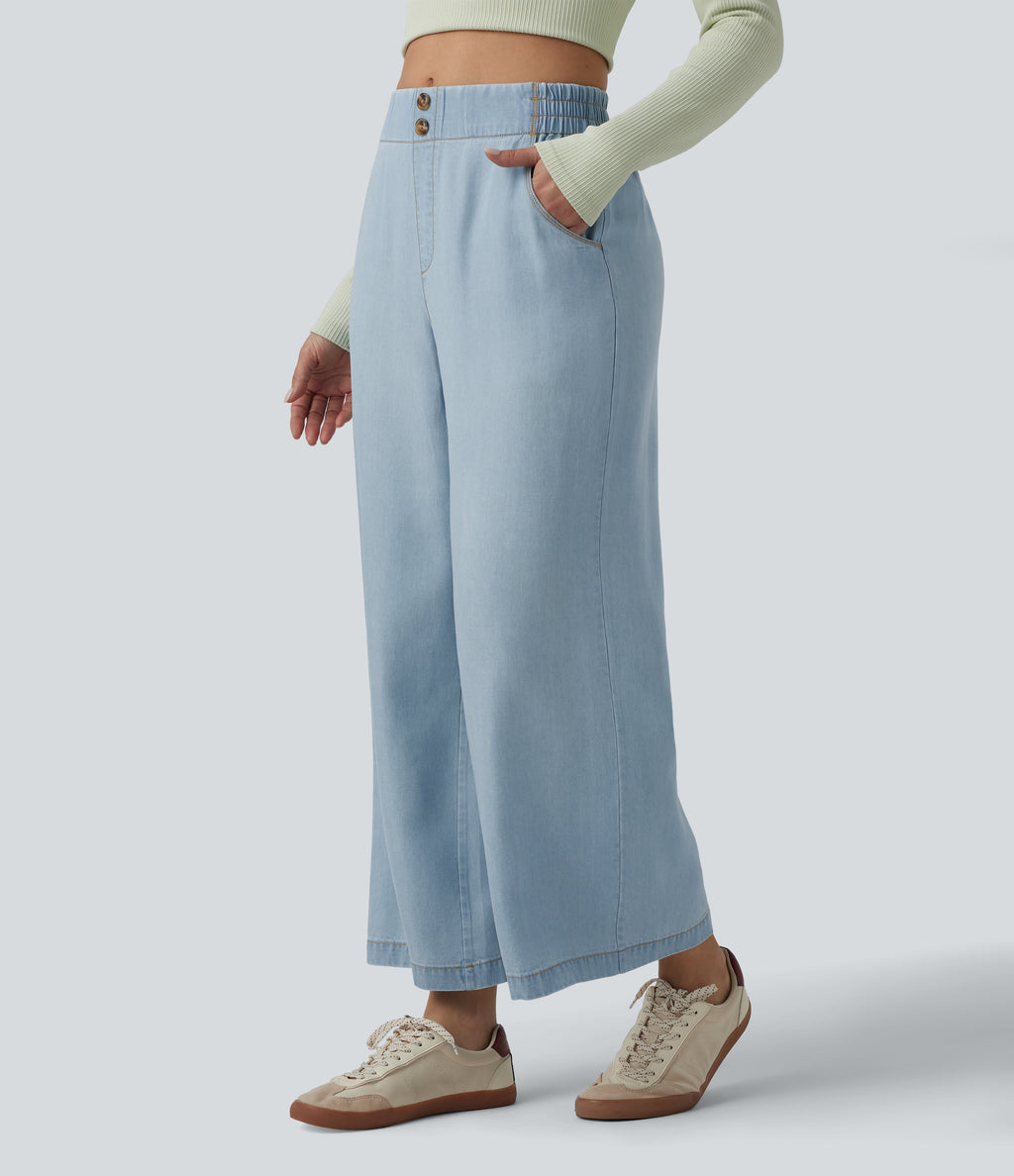 Mid Rise Draped Lyocell Casual Baggy Jeans with Pockets — Malibu Blue Denim — view 3