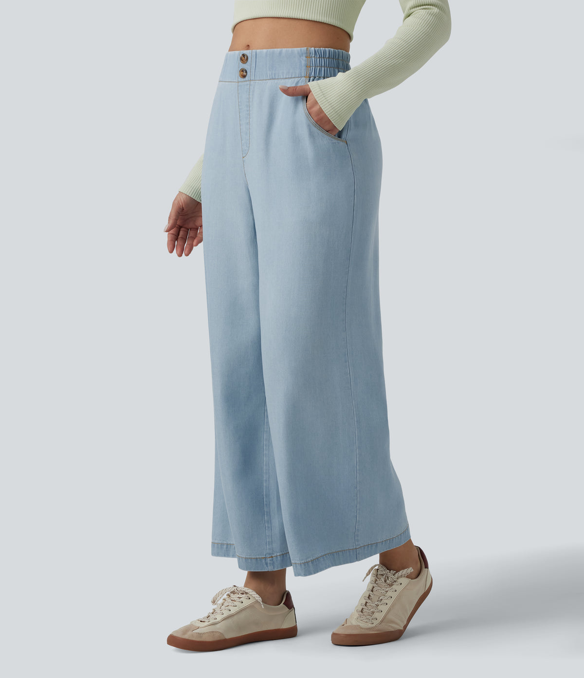 Mid Rise Draped Lyocell Casual Baggy Jeans with Pockets — Malibu Blue Denim — view 3