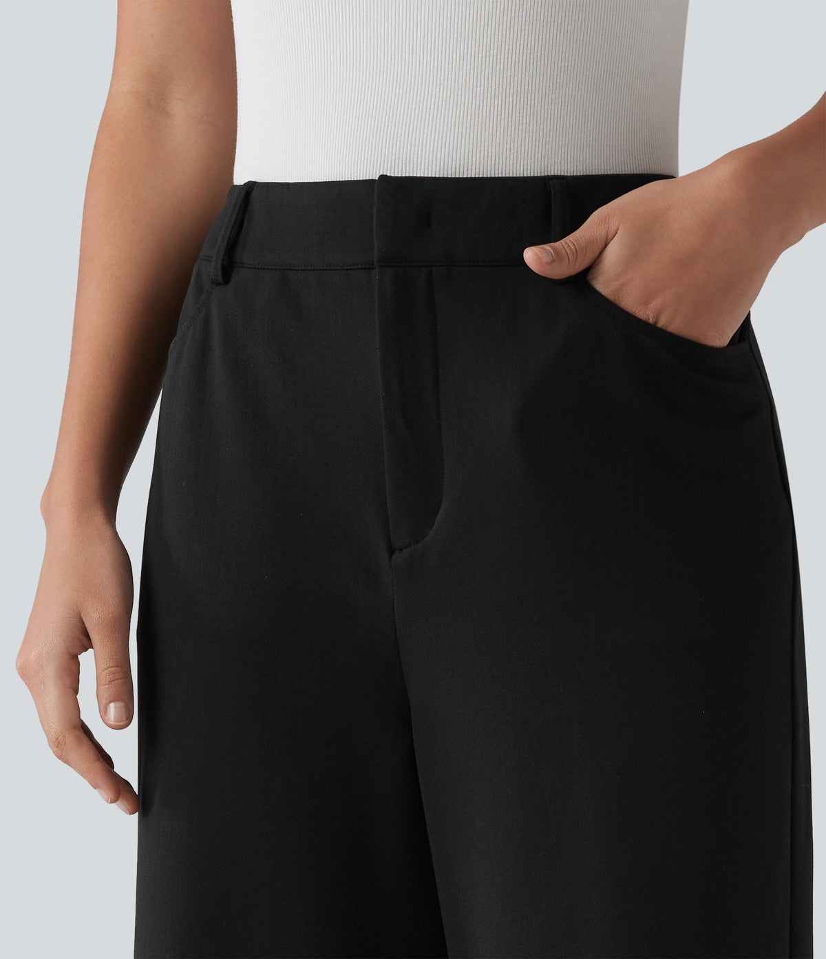 High-waisted Herringbone Work Straight Leg Trousers with Pockets — Black — view 4