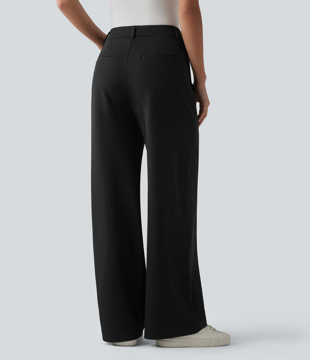 High-waisted Herringbone Work Straight Leg Trousers with Pockets — Black — view 2