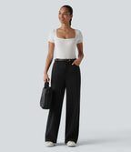 High-waisted Herringbone Work Straight Leg Trousers with Pockets — Black — view 6
