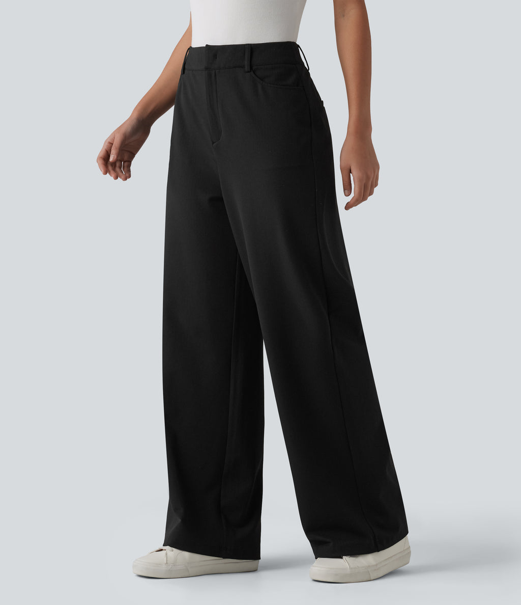 High-waisted Herringbone Work Straight Leg Trousers with Pockets — Black — view 3