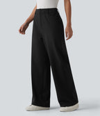 High-waisted Herringbone Work Straight Leg Trousers with Pockets — Black — view 3