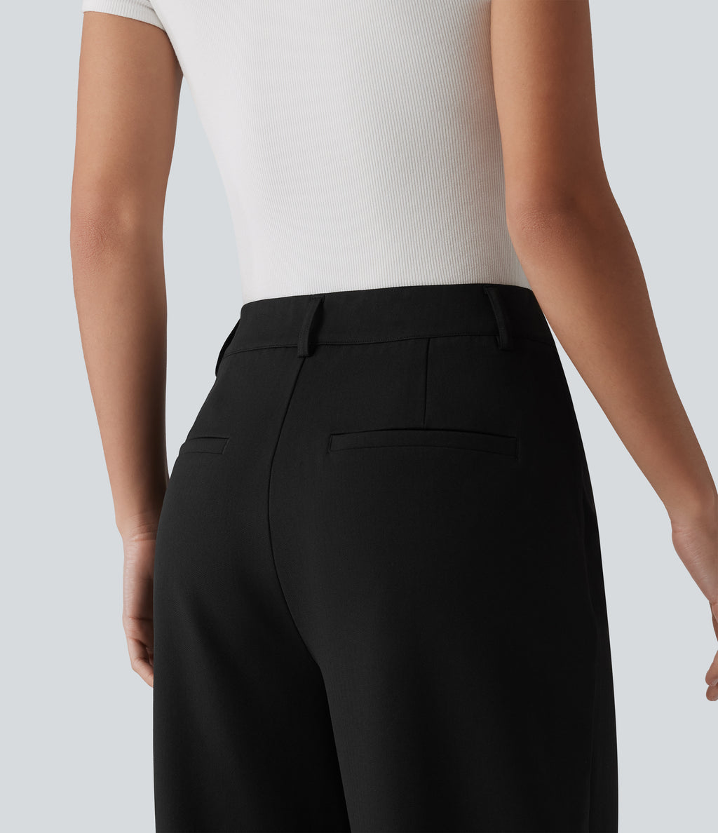 High-waisted Herringbone Work Straight Leg Trousers with Pockets — Black — view 5