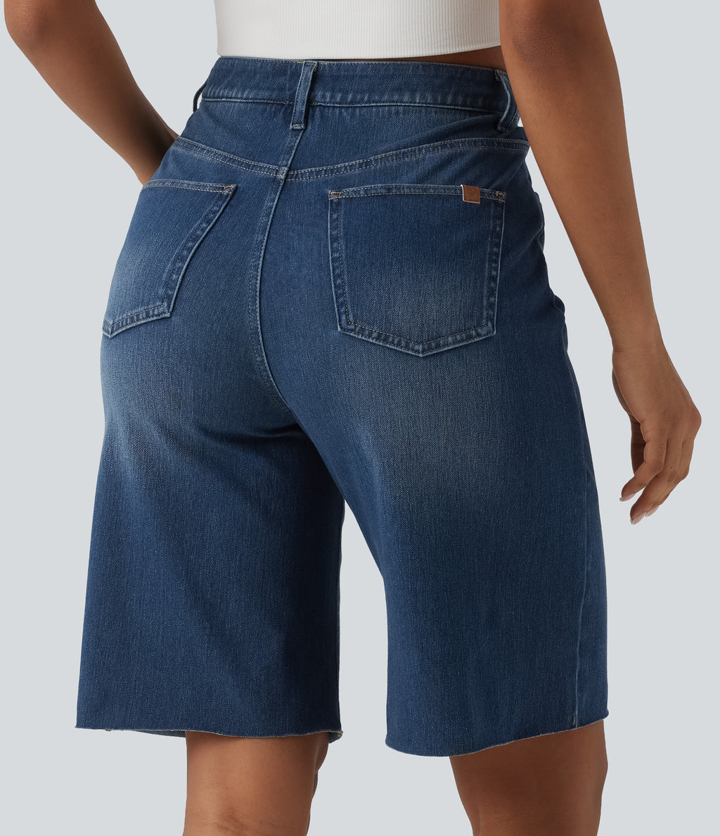 High Waisted Tummy Control Denim Casual Bermuda Shorts with Pockets — Estate Blue Denim — view 5