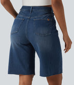 High Waisted Tummy Control Denim Casual Bermuda Shorts with Pockets — Estate Blue Denim — view 5
