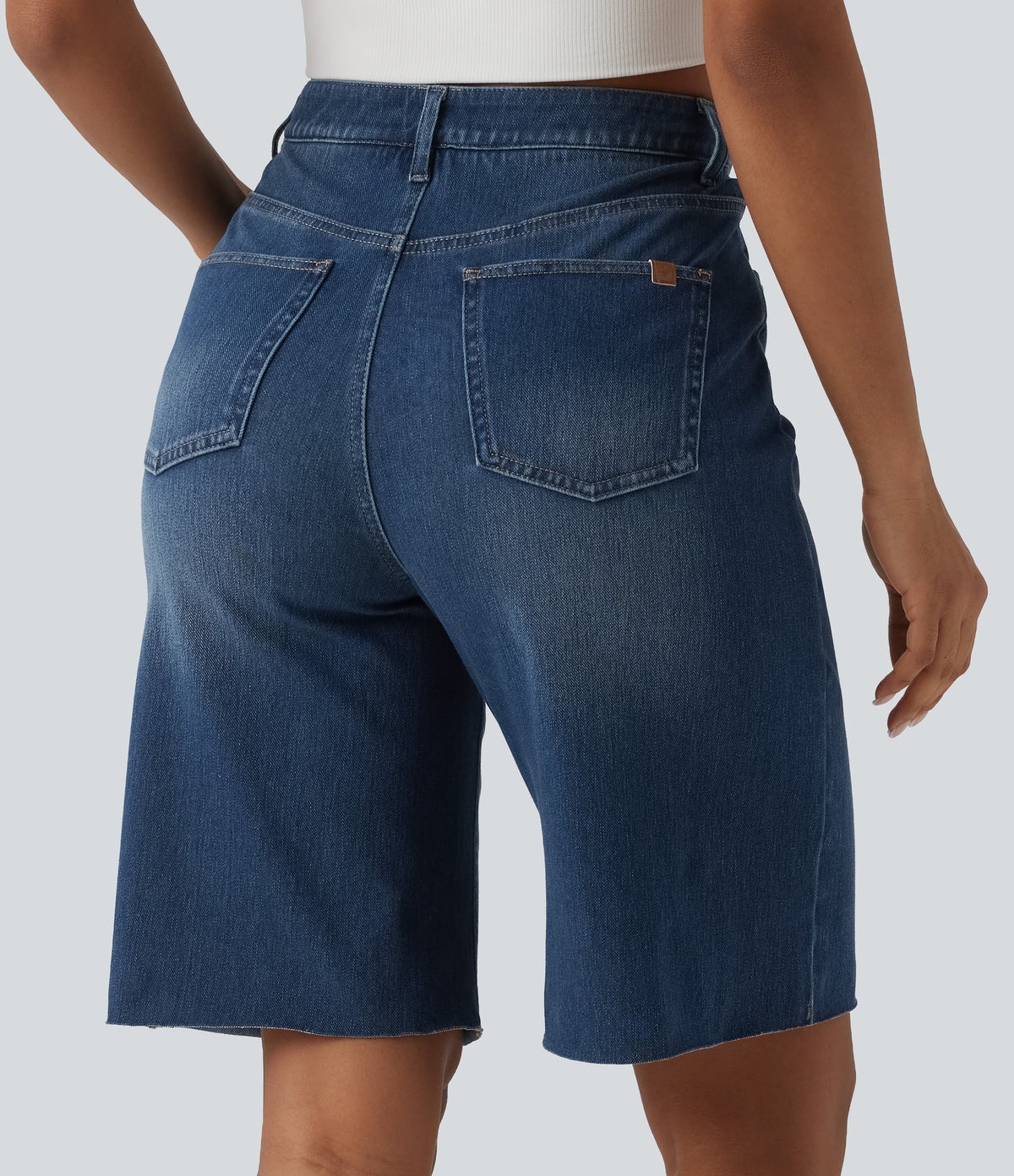 High Waisted Tummy Control Denim Casual Bermuda Shorts with Pockets — Estate Blue Denim — view 5