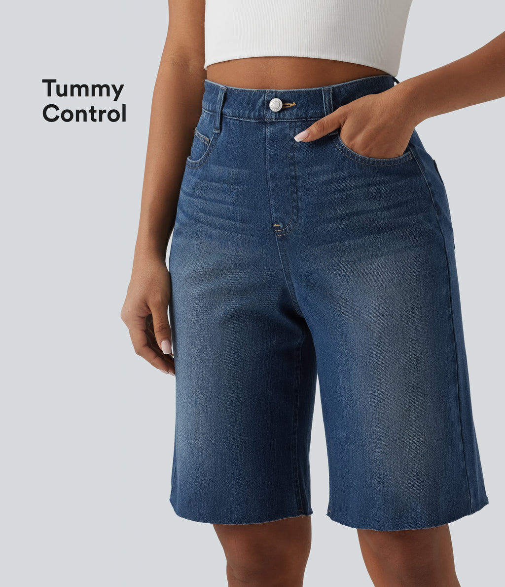 High Waisted Tummy Control Denim Casual Bermuda Shorts with Pockets — Estate Blue Denim — view 1