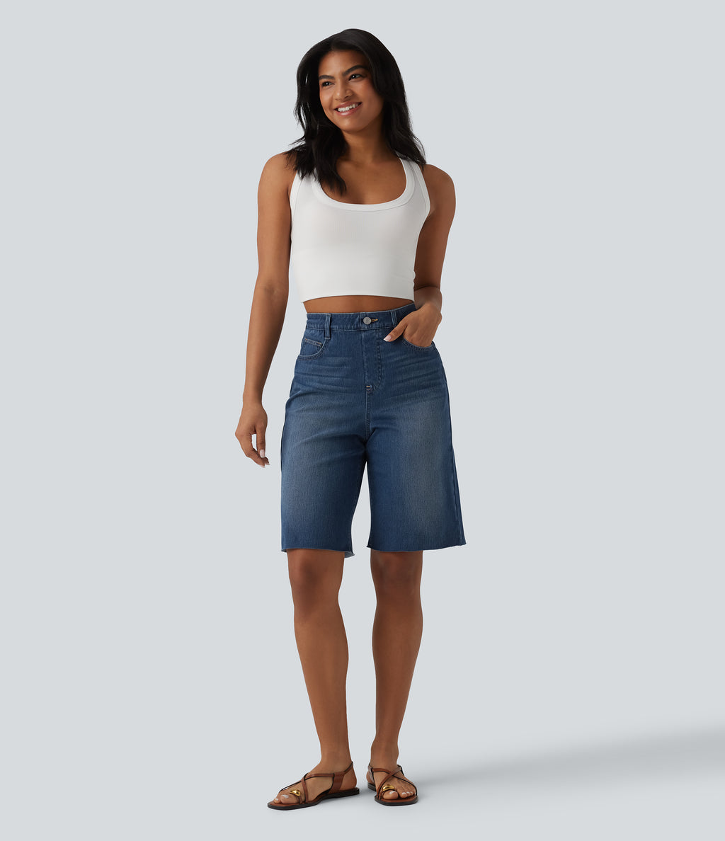 High Waisted Tummy Control Denim Casual Bermuda Shorts with Pockets — Estate Blue Denim — view 6