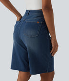 High Waisted Tummy Control Denim Casual Bermuda Shorts with Pockets — Estate Blue Denim — view 2
