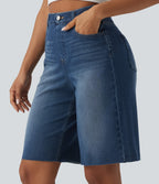 High Waisted Tummy Control Denim Casual Bermuda Shorts with Pockets — Estate Blue Denim — view 3