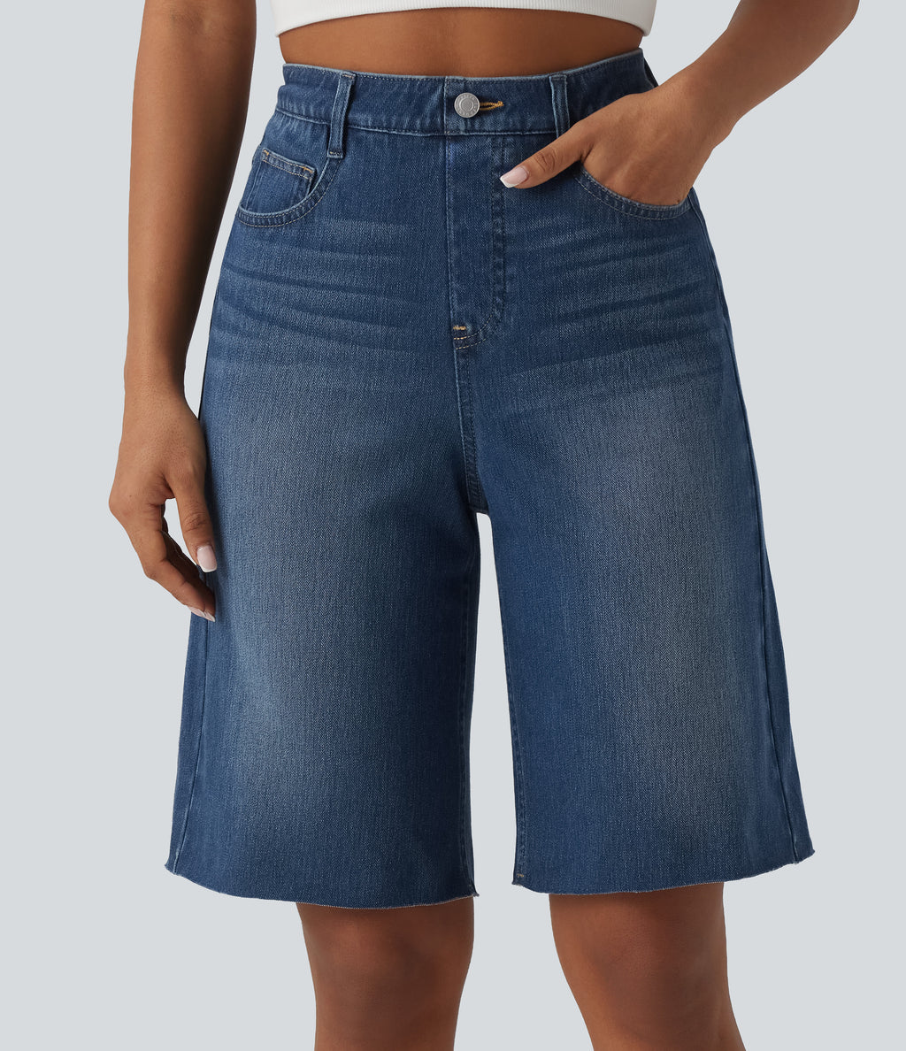 High Waisted Tummy Control Denim Casual Bermuda Shorts with Pockets — Estate Blue Denim — view 4