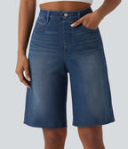 High Waisted Tummy Control Denim Casual Bermuda Shorts with Pockets — Estate Blue Denim — view 4