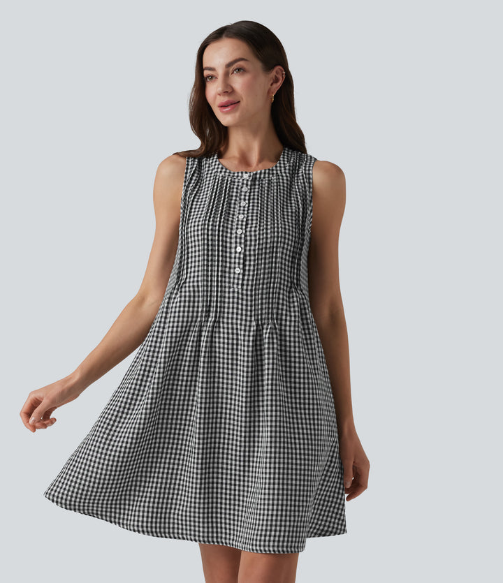 Round Neck Sleeveless Plaid Mini Casual Linen-Feel Dress with Pockets — Classic Mono — view 1
