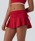 Airy Low Rise Ruched Drawstring 2-in-1 InstantCool Micro Mini Tennis Skirt with Pockets — Salsa — view 3