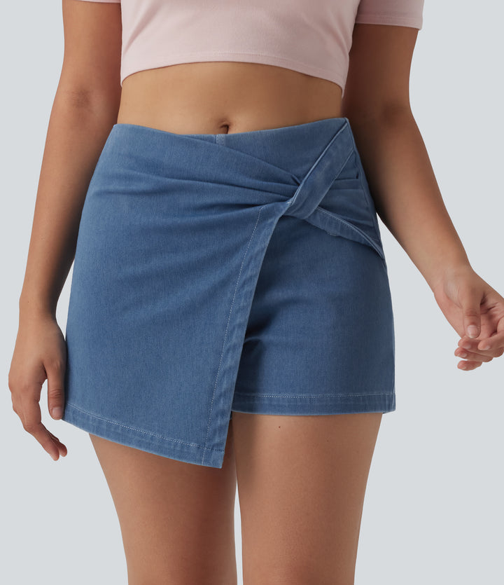Mid Rise Micro Mini Denim Casual Skort — Powder Blue Denim — view 1