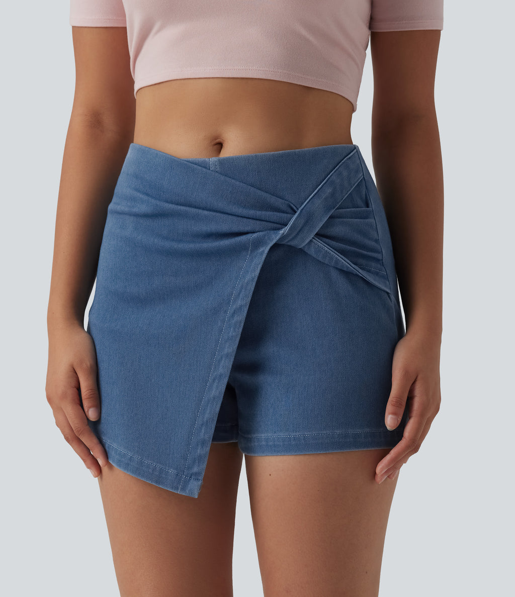 Mid Rise Micro Mini Denim Casual Skort — Powder Blue Denim — view 4